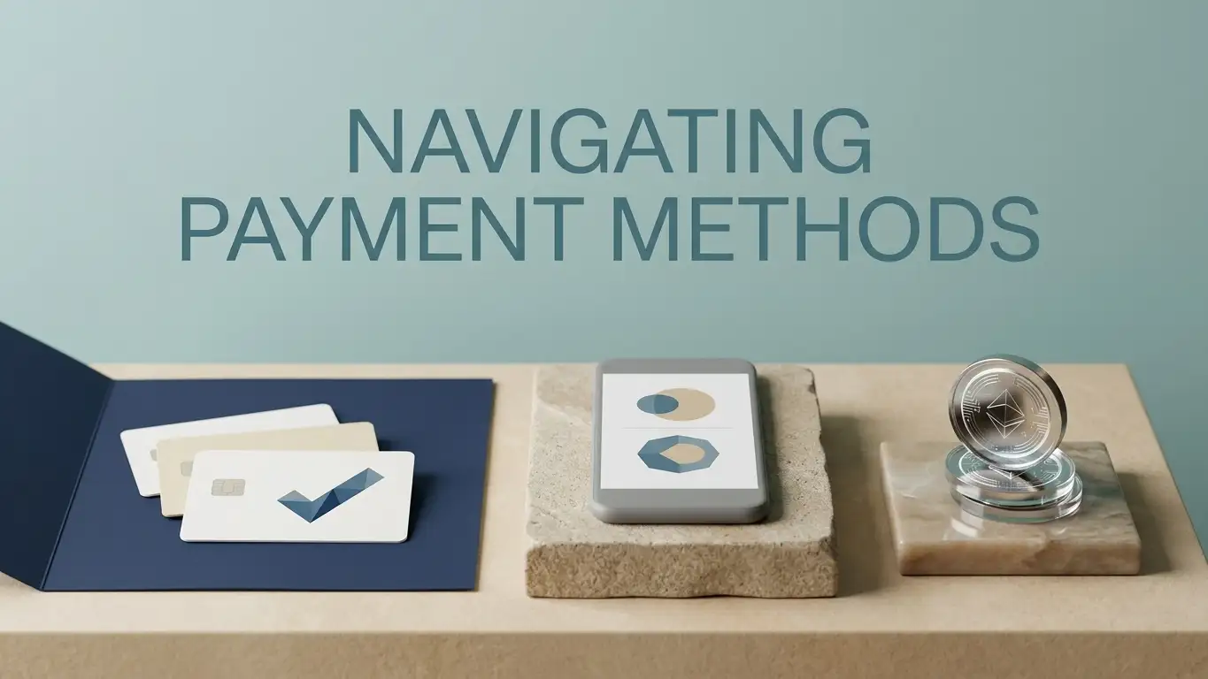 Editorial illustration of card, digital wallet and cryptocurrency payment categories