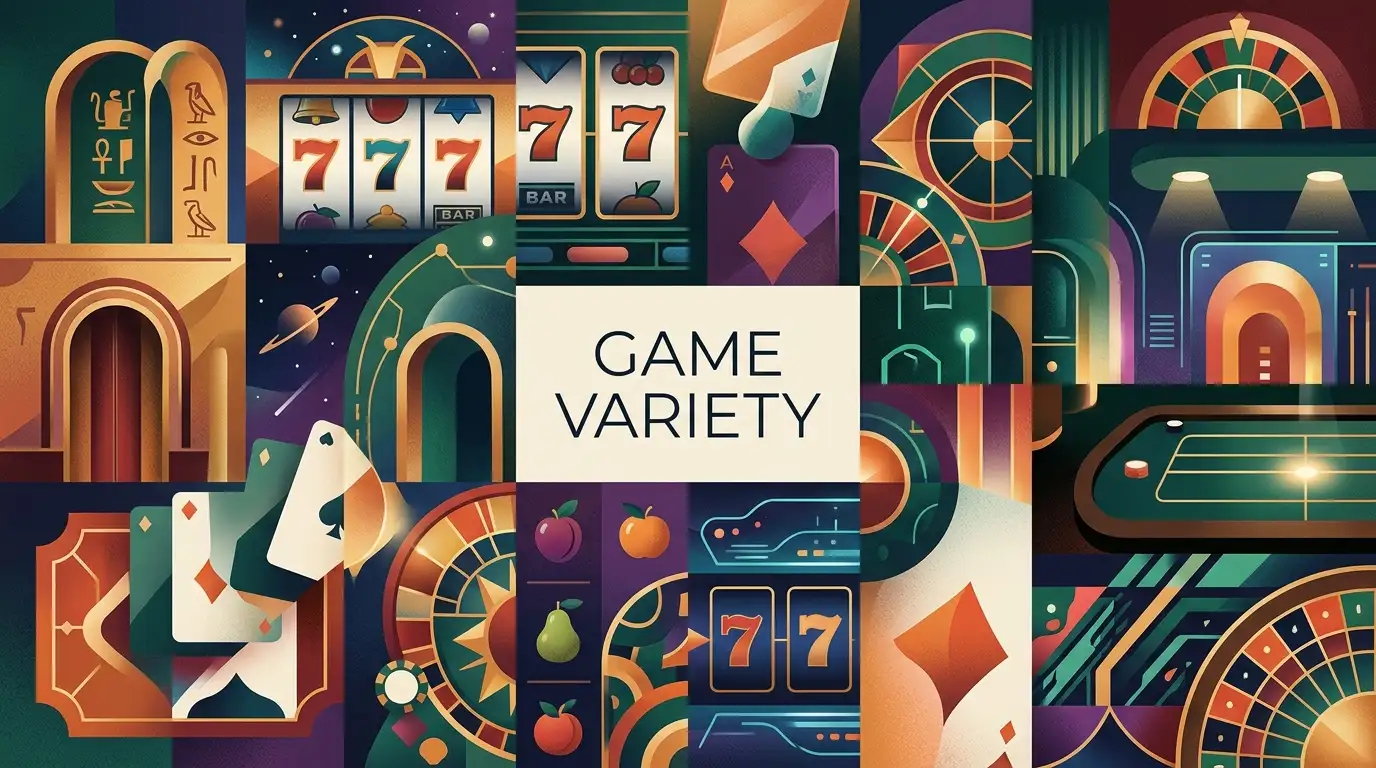 Editorial illustration of a varied online casino game library with abstract slot reels, cards and table-game elements
