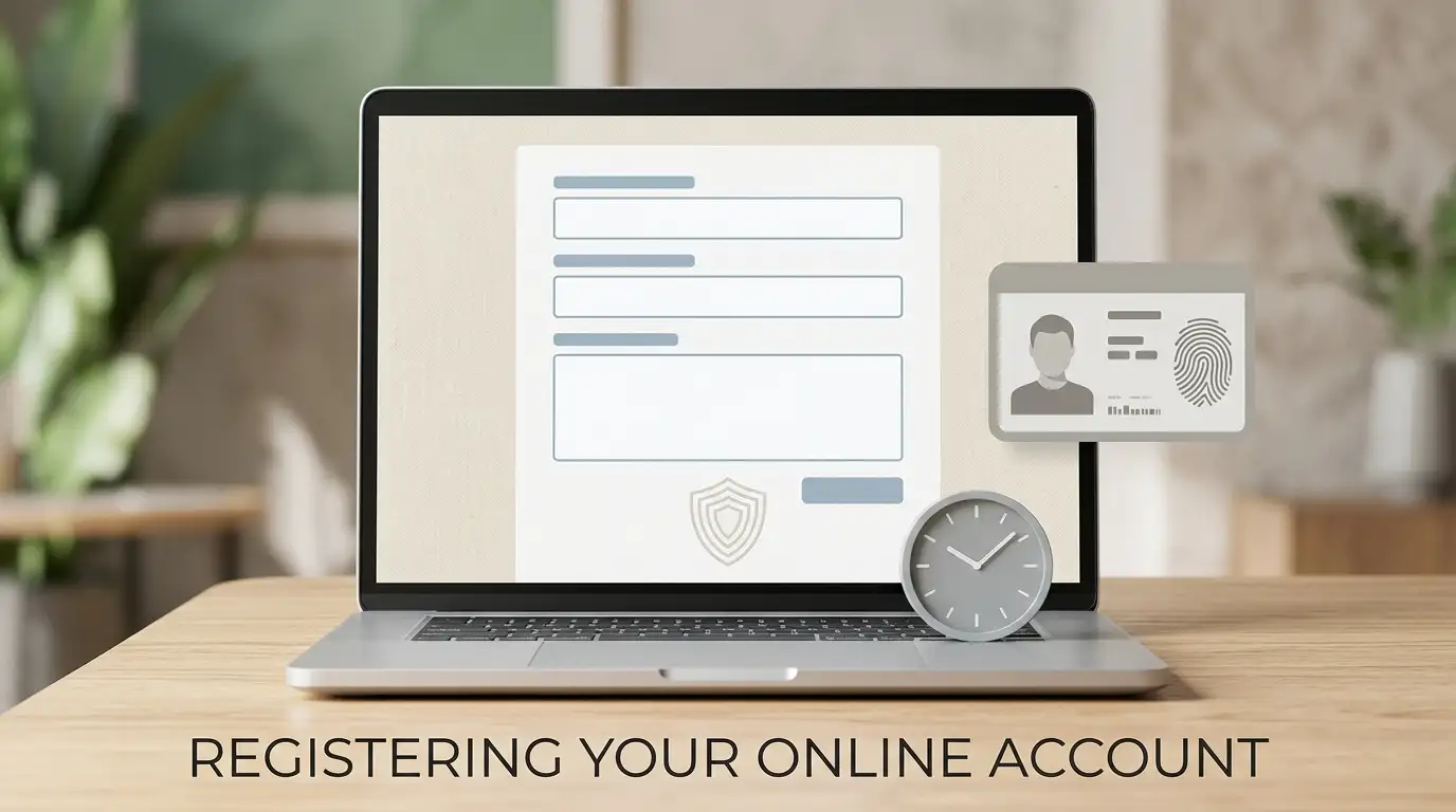 Editorial illustration of account registration and identity verification
