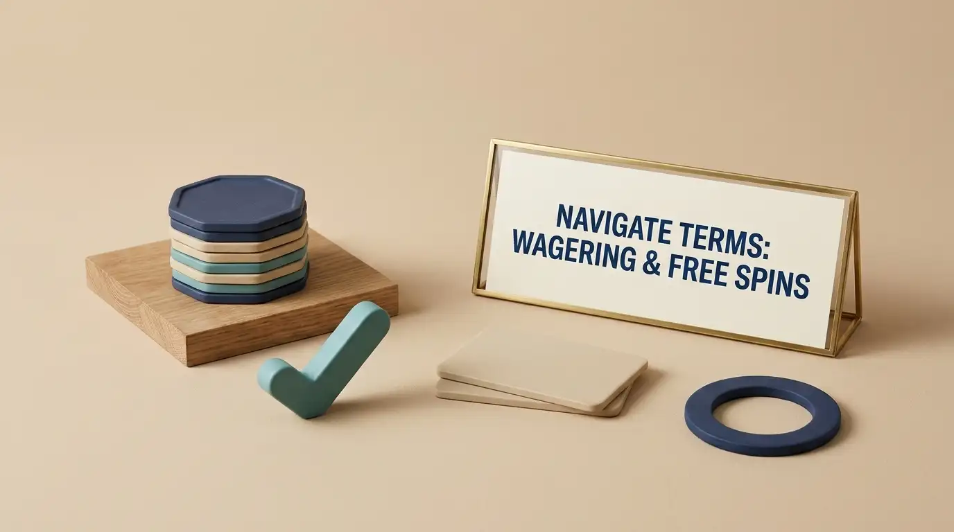 Editorial illustration representing bonus terms, wagering and free spins