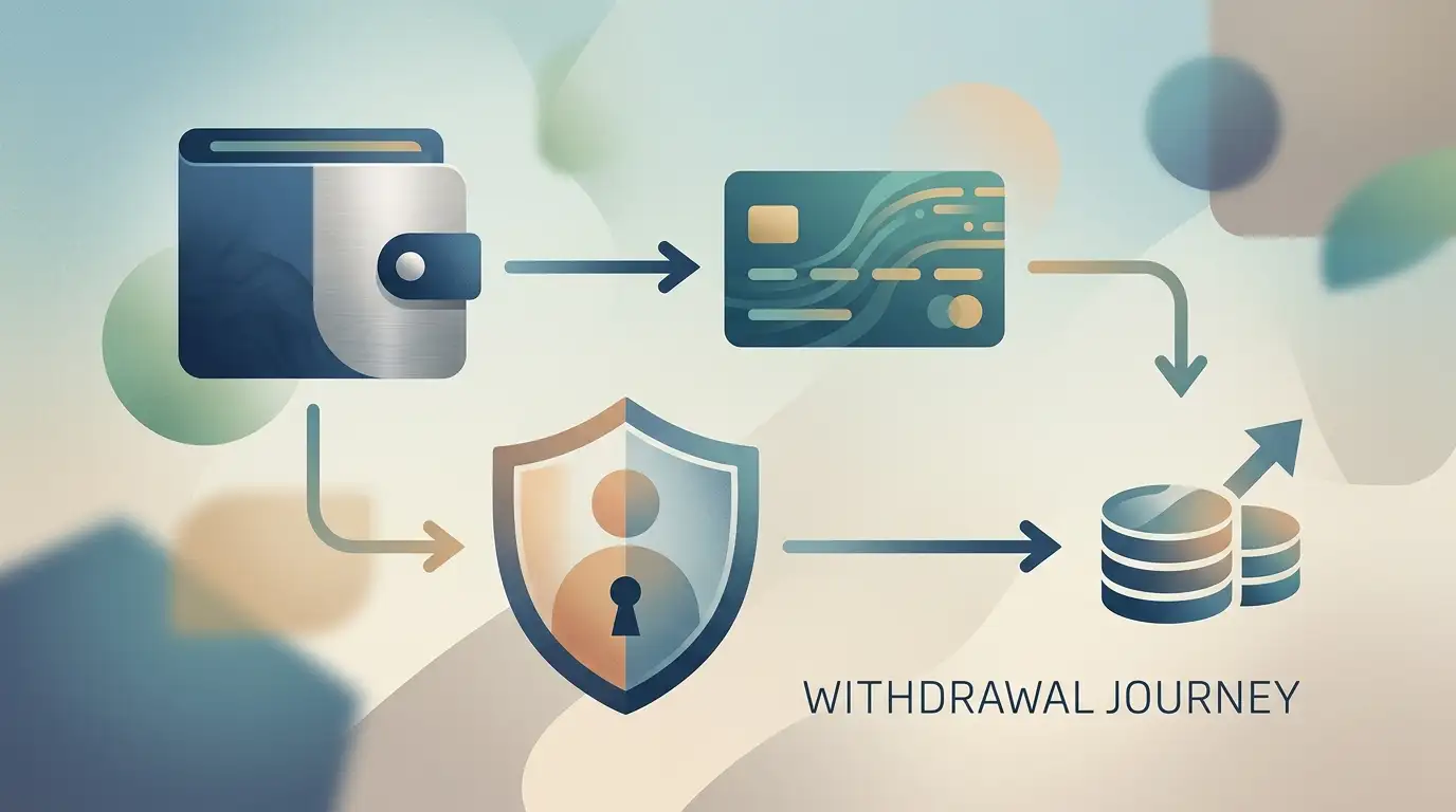 Editorial illustration of a secure digital withdrawal process with payment and verification symbols