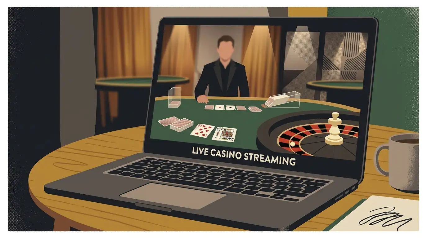 Editorial illustration of a live casino table viewed through a laptop, without logos or copied casino interface