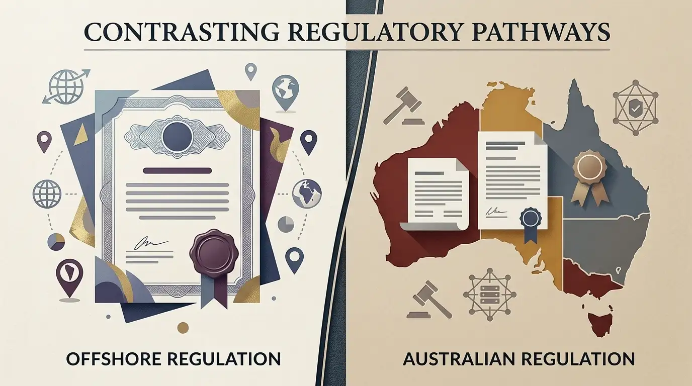 Editorial illustration contrasting offshore licensing with Australian regulation