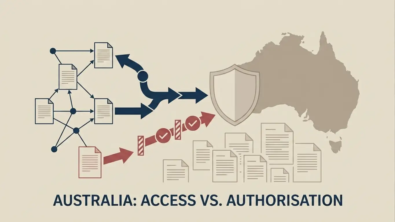 Abstract map of Australia beside shield and regulatory document motifs